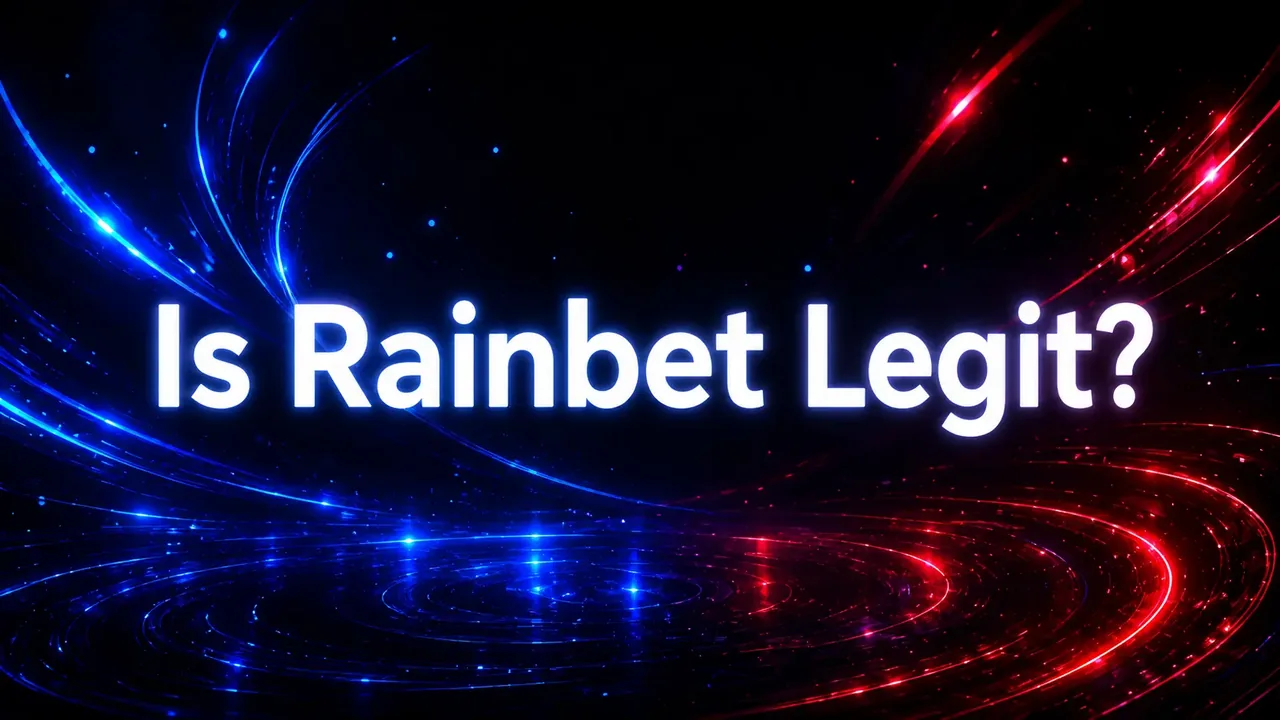 Is Rainbet Legit? title artwork on a dark background with blue and red light trails