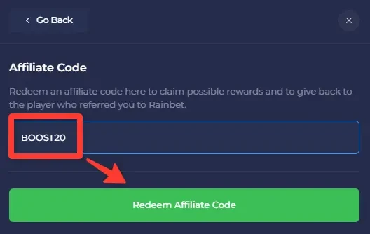 Rainbet Affiliate Code screen with BOOST20 typed into the input field and the green Redeem Affiliate Code button below it
