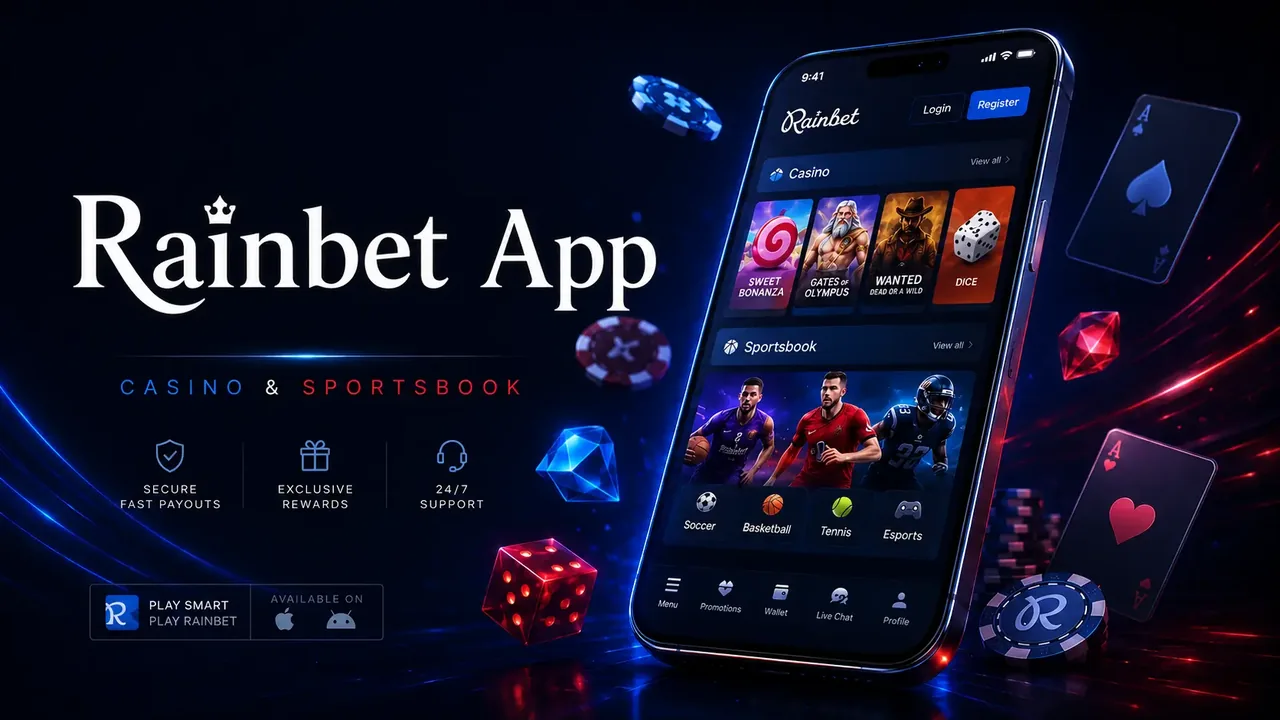 Rainbet App promotional artwork showing a phone with the casino lobby, sportsbook markets and a bottom bar for Menu, Promotions, Wallet, Live Chat and Profile