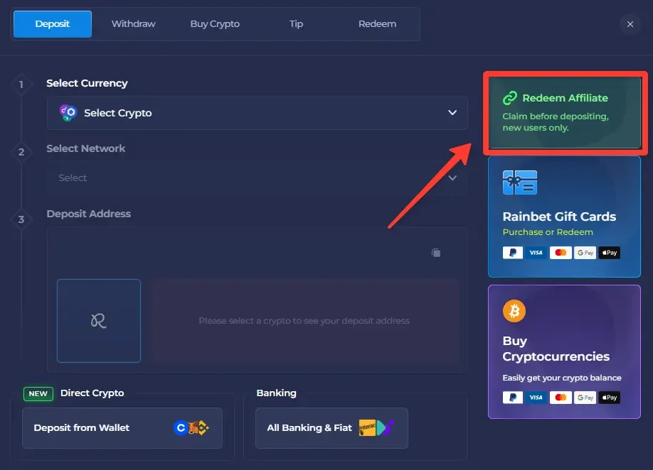 Rainbet Deposit panel with the Redeem Affiliate card highlighted in the right-hand column, above Rainbet Gift Cards and Buy Cryptocurrencies