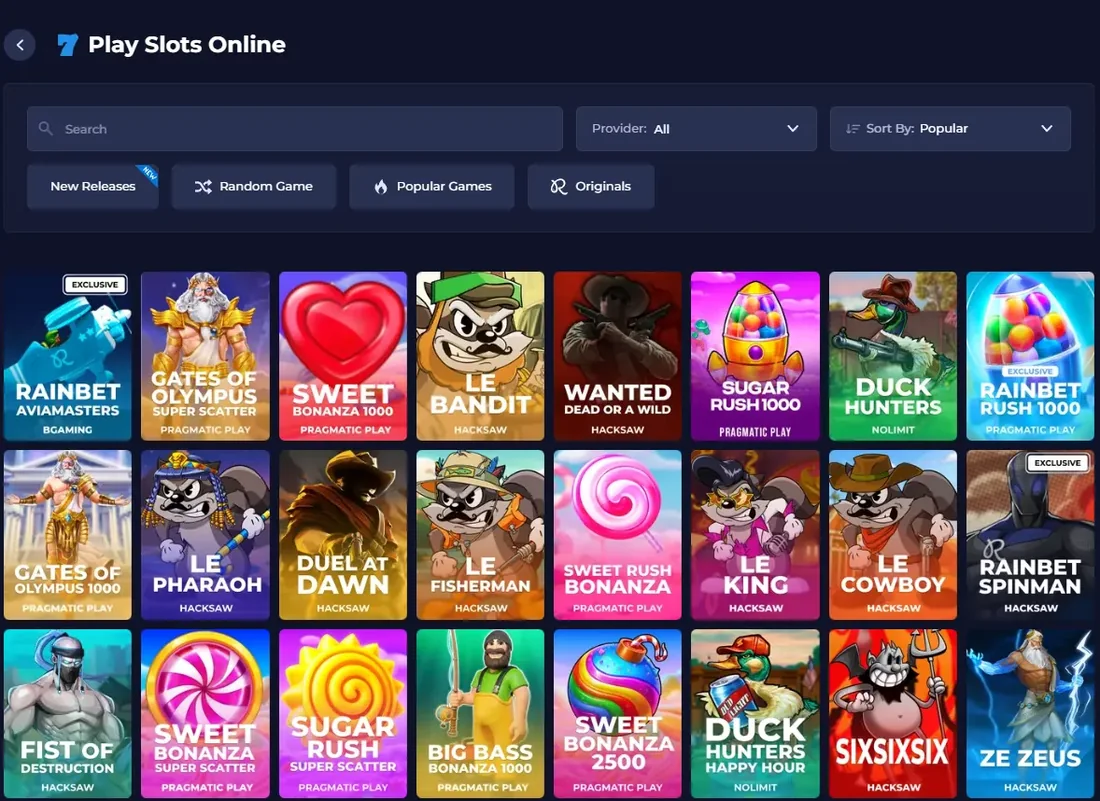 Rainbet slots lobby listing titles from Pragmatic Play, Hacksaw Gaming, Nolimit City and BGaming with provider and sort filters